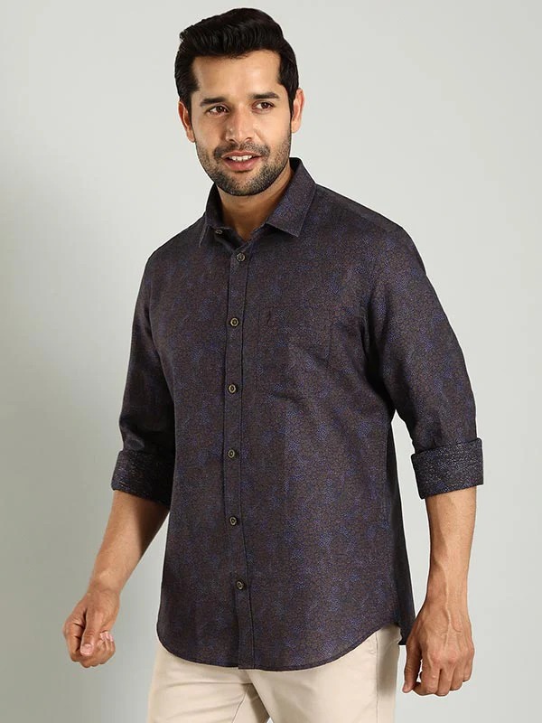 Indian Terrain Men's Slim Fit Full Sleeve All Over Print Dark Blue Shirt
